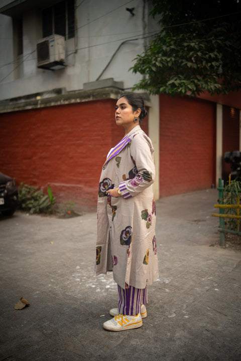 Grey Floral Printed Long Jacket And Purple Stripes Pant