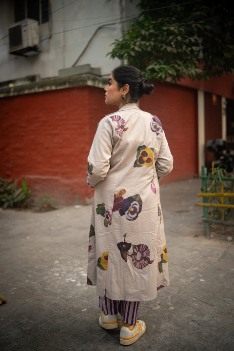 Grey Floral Printed Long Jacket And Purple Stripes Pant