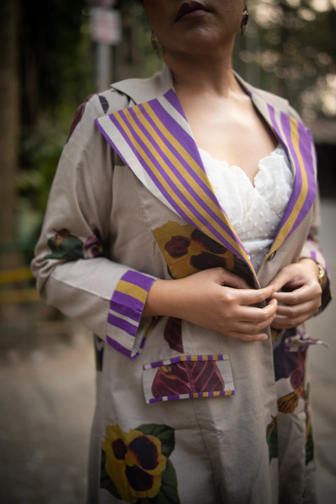 Grey Floral Printed Long Jacket And Purple Stripes Pant