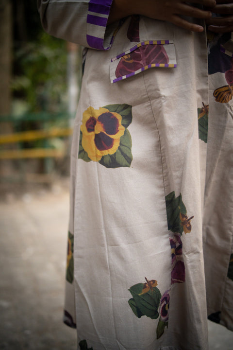 Grey Floral Printed Long Jacket And Purple Stripes Pant