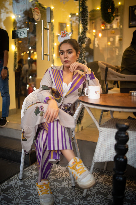 Grey Floral Printed Long Jacket And Purple Stripes Pant