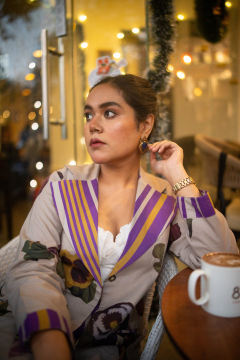 Grey Floral Printed Long Jacket And Purple Stripes Pant