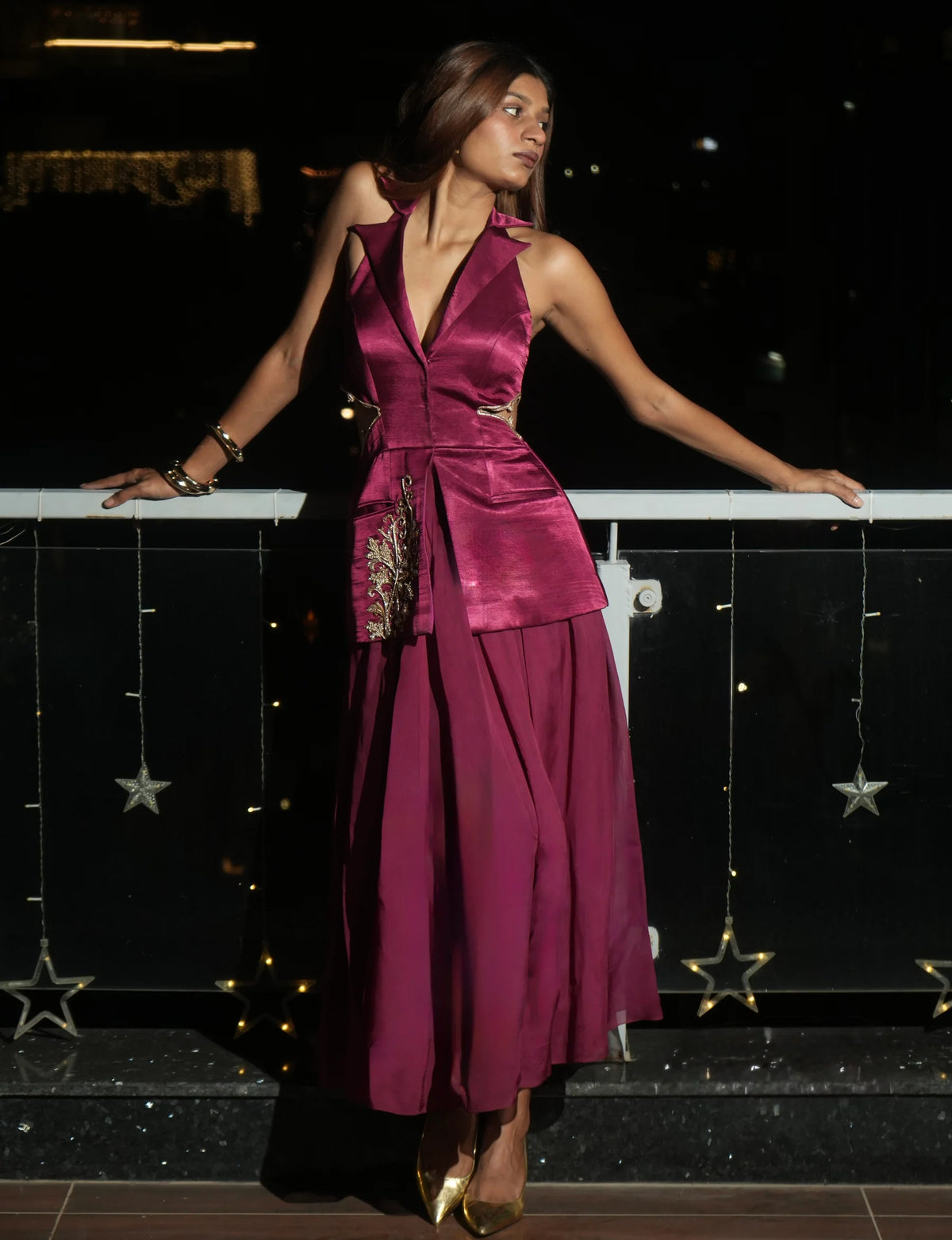 Maroon Hand Embroidered Blazer With Skirt Set