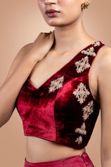 Maroon Hand Embroidered Velvet Saree With Blouse