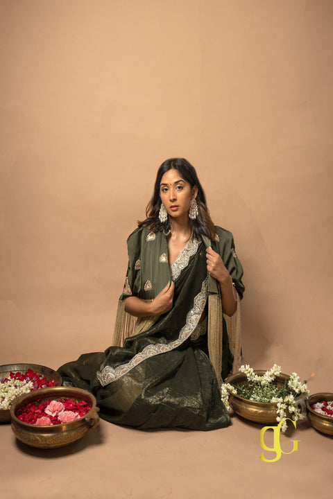 Olive Green Saree with Cape