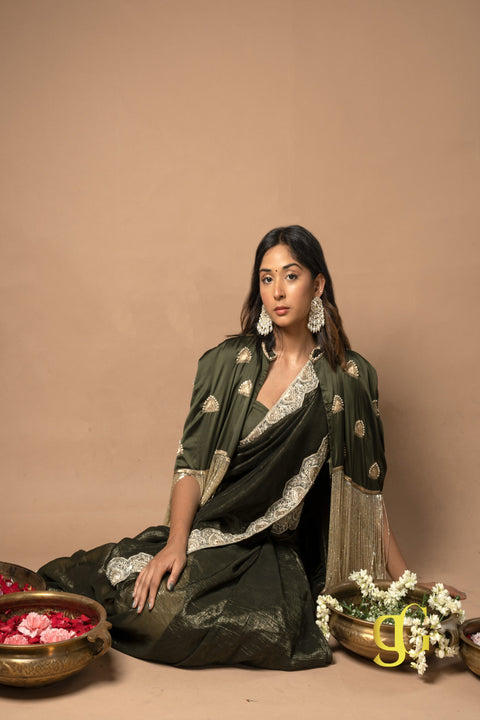 Olive Green Saree with Cape