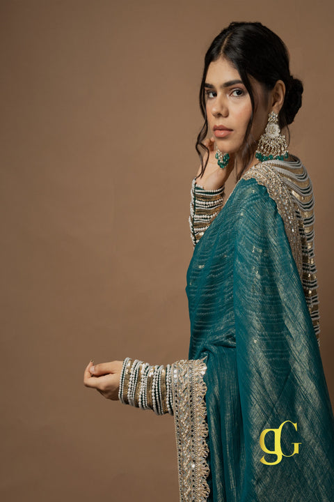Teal Blue Saree with Embroidered Jacket