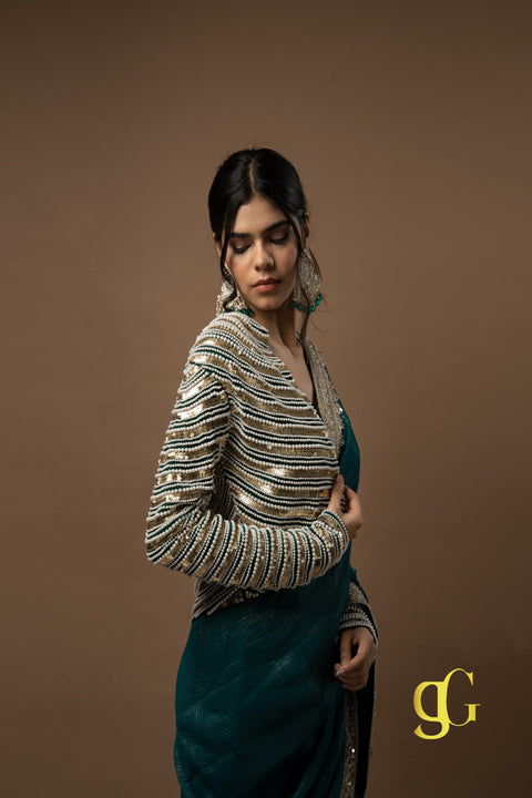 Teal Blue Saree with Embroidered Jacket