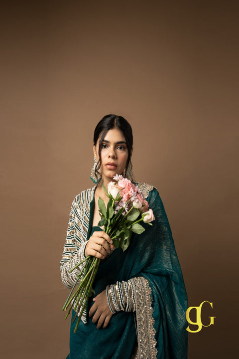 Teal Blue Saree with Embroidered Jacket