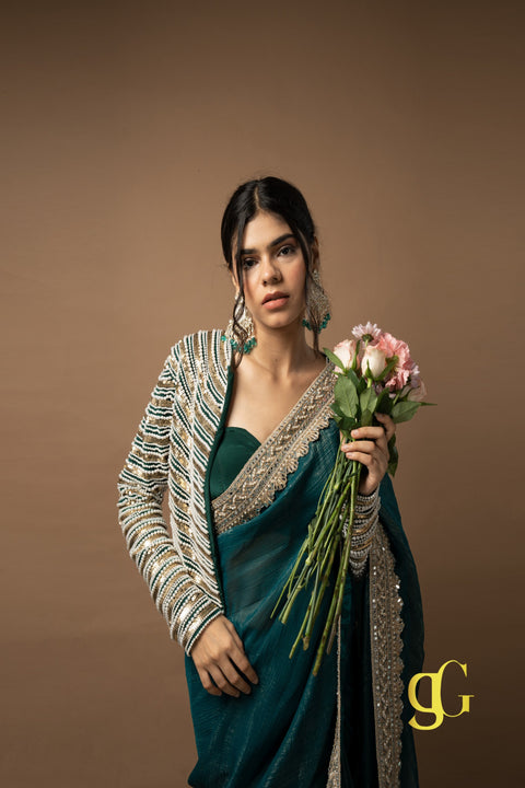 Teal Blue Saree with Embroidered Jacket