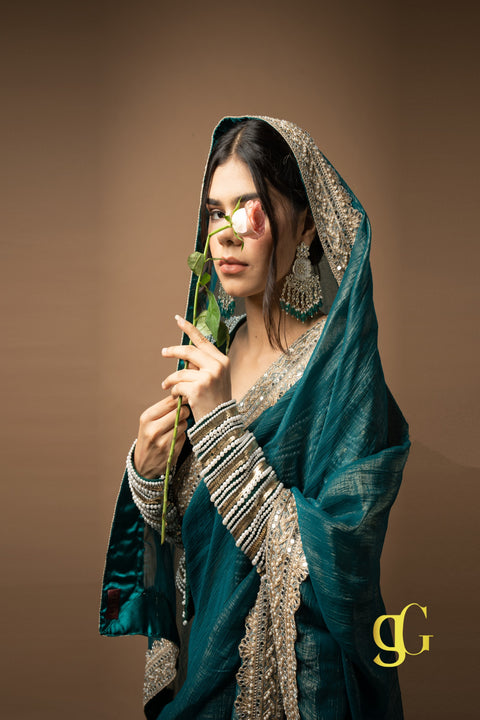 Teal Blue Saree with Embroidered Jacket
