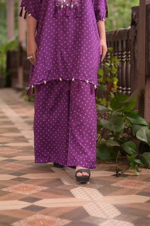 Purple Bandhani Kurta And Pallazo Set