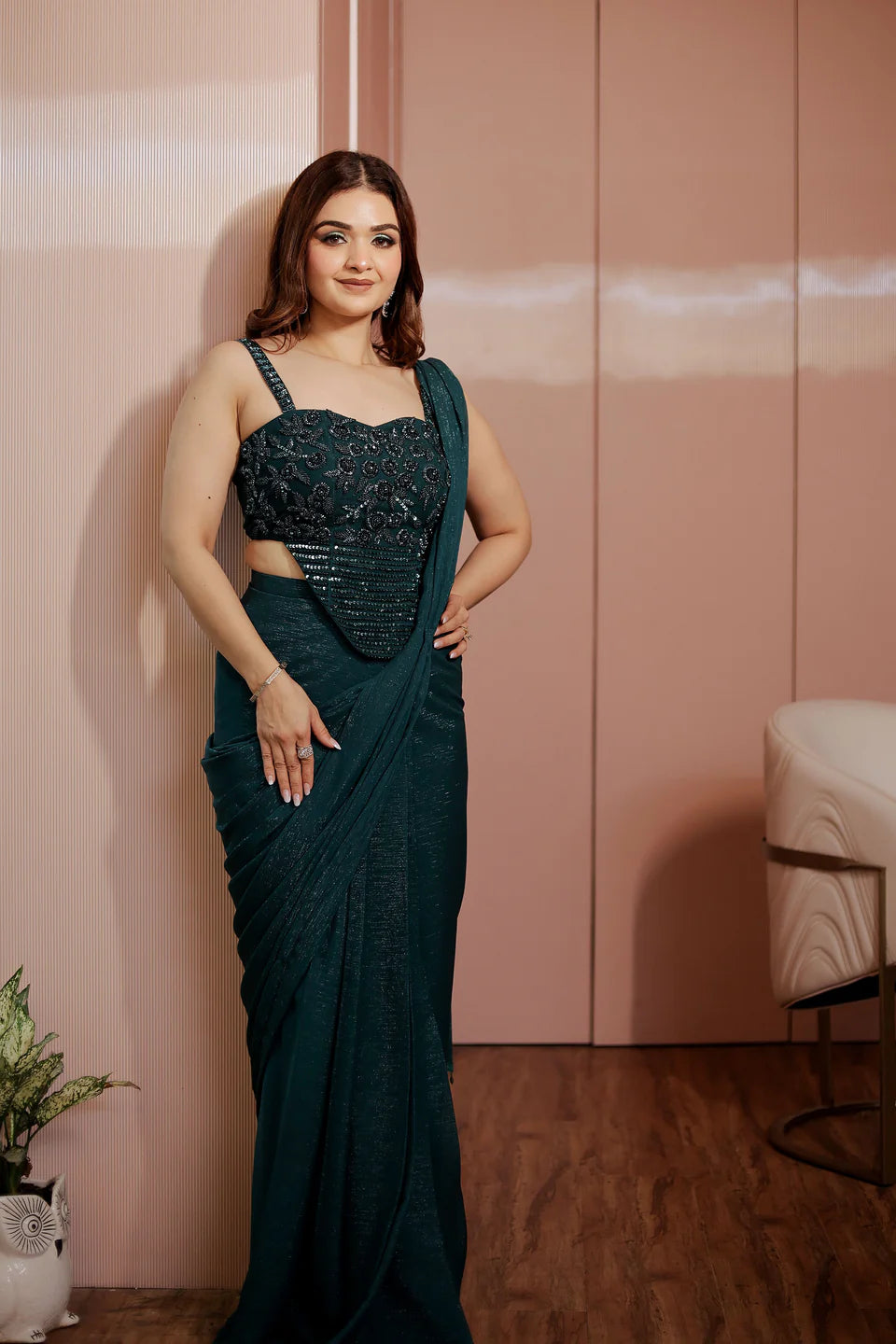 Green Shimmer Corset Drape Saree