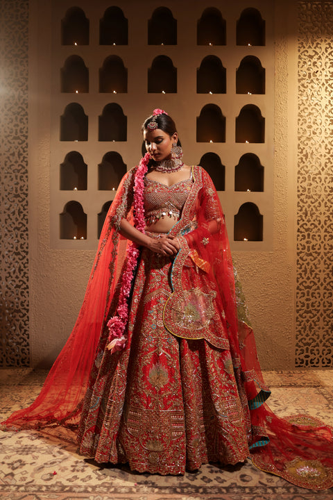 Red Embroidered Lehenga Set