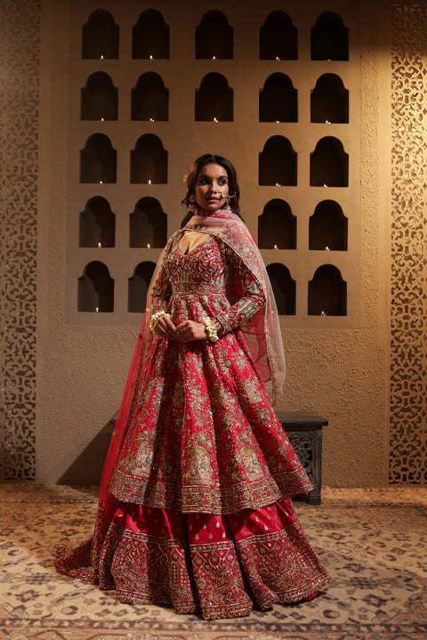 Fuchsia Embroidered Lehenga With Anarkali Kurta set