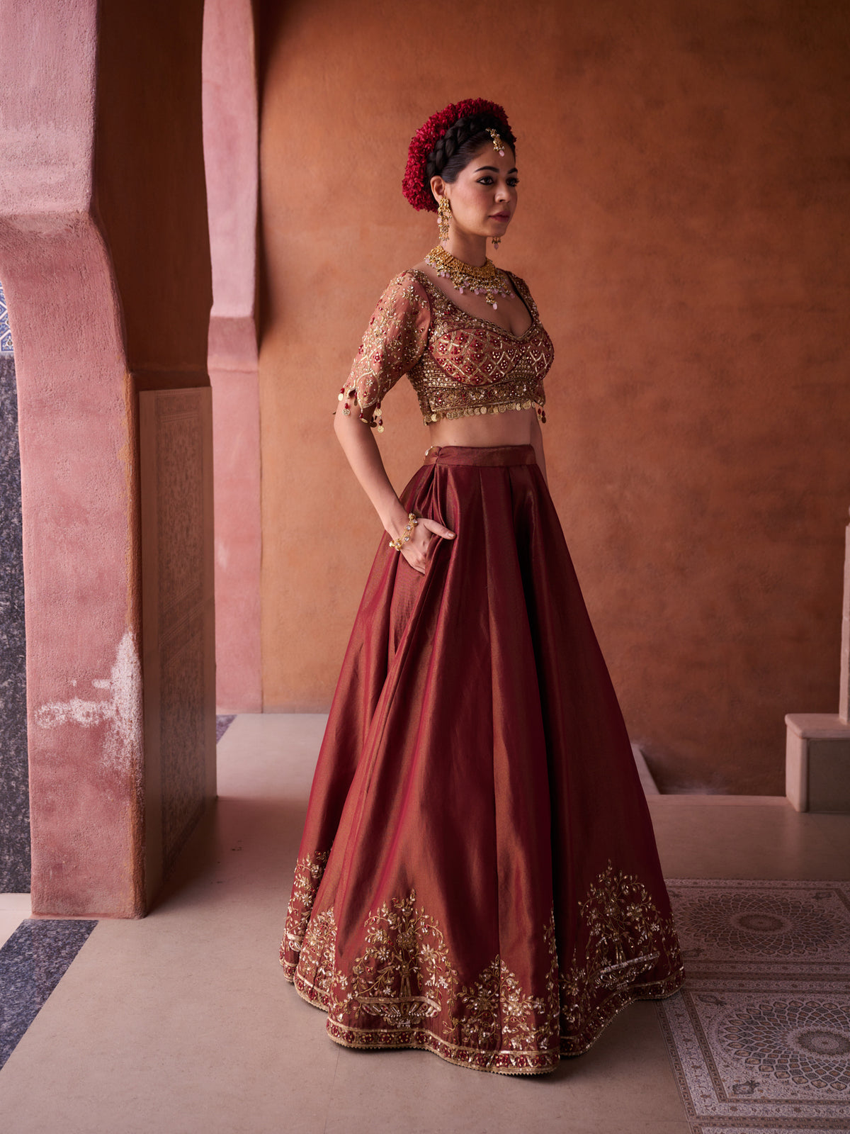 Maroon And Beige Shimmer Tissue Silk Blouse, Lehenga And Dupatta