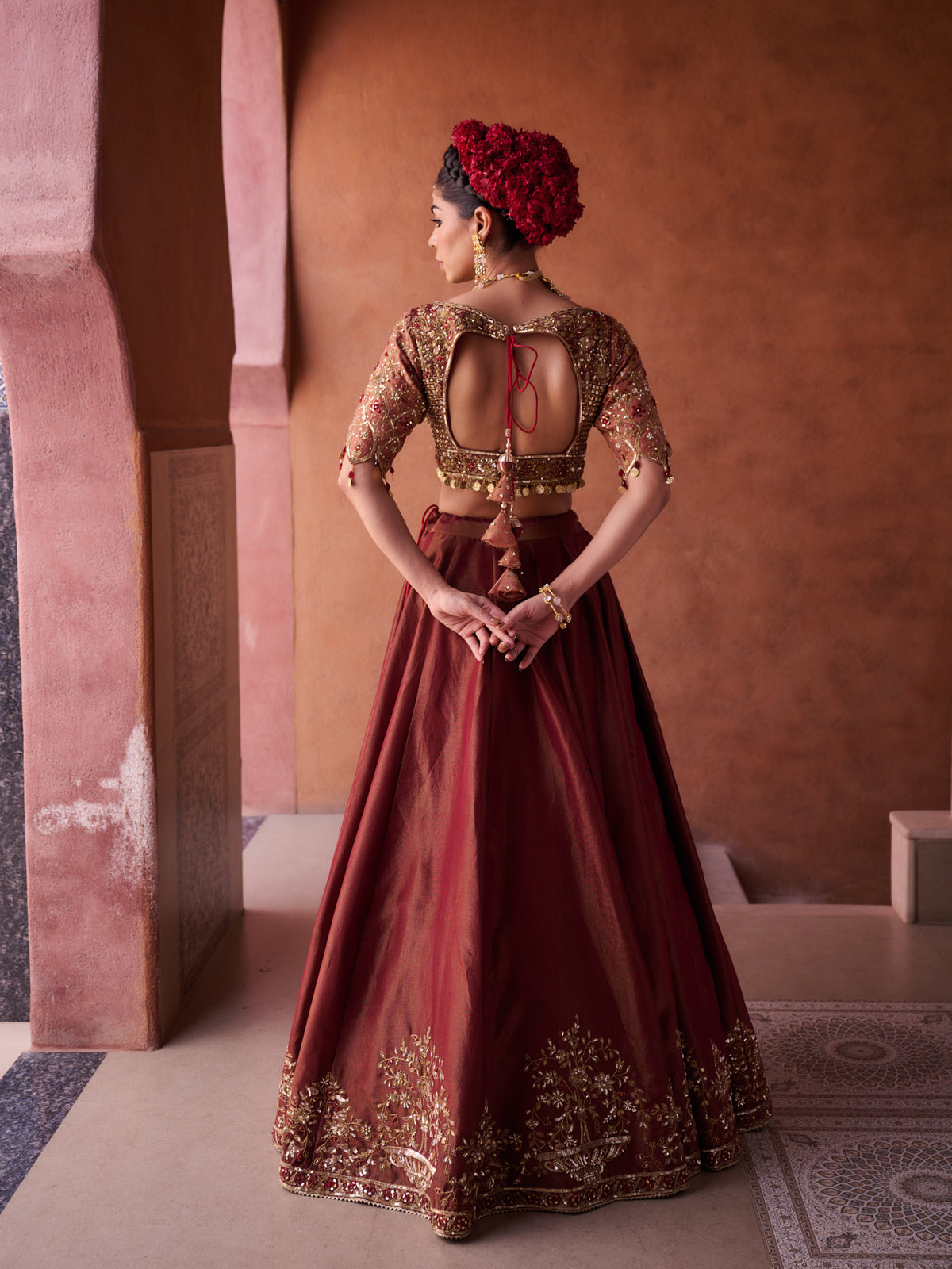 Maroon And Beige Shimmer Tissue Silk Blouse, Lehenga And Dupatta