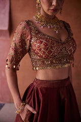 Maroon And Beige Shimmer Tissue Silk Blouse, Lehenga And Dupatta