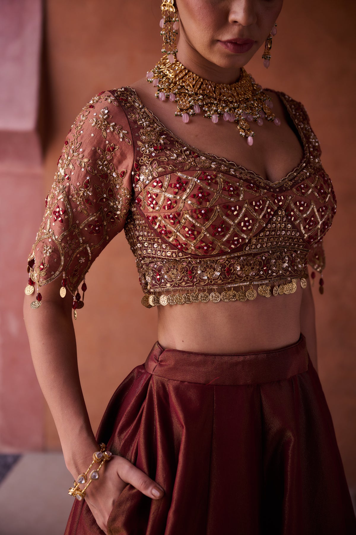 Maroon And Beige Shimmer Tissue Silk Blouse, Lehenga And Dupatta