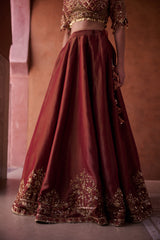 Maroon And Beige Shimmer Tissue Silk Blouse, Lehenga And Dupatta