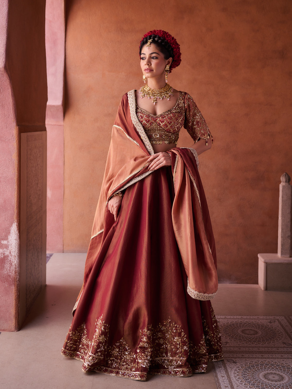 Maroon And Beige Shimmer Tissue Silk Blouse, Lehenga And Dupatta