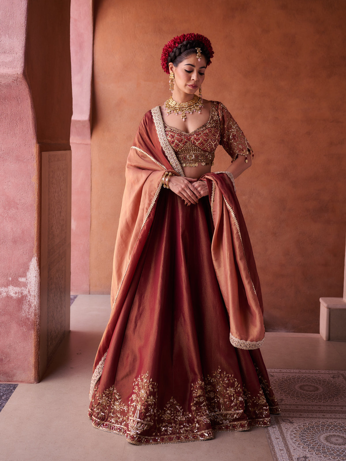 Maroon And Beige Shimmer Tissue Silk Blouse, Lehenga And Dupatta