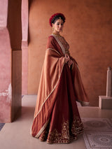 Maroon And Beige Shimmer Tissue Silk Blouse, Lehenga And Dupatta