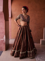 Brown Upada Silk Blouse, Lehenga And Organza Dupatta