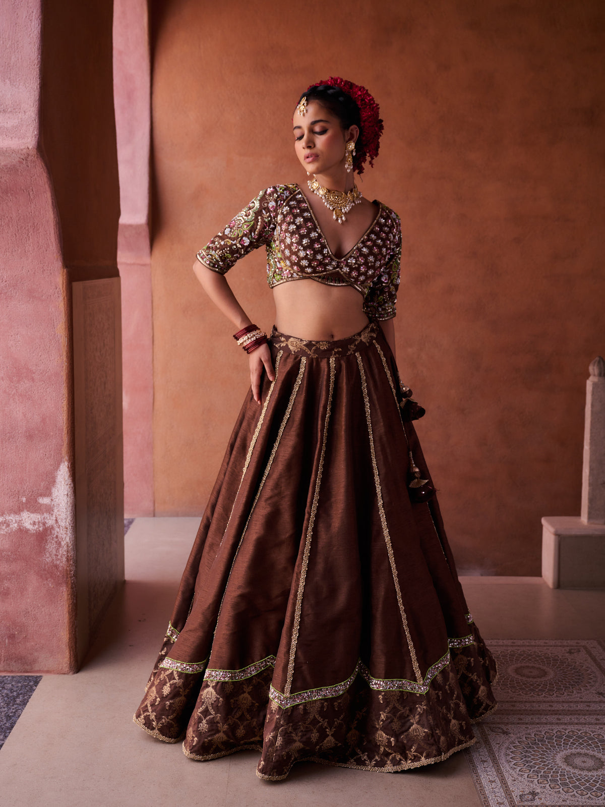Brown Upada Silk Blouse, Lehenga And Organza Dupatta