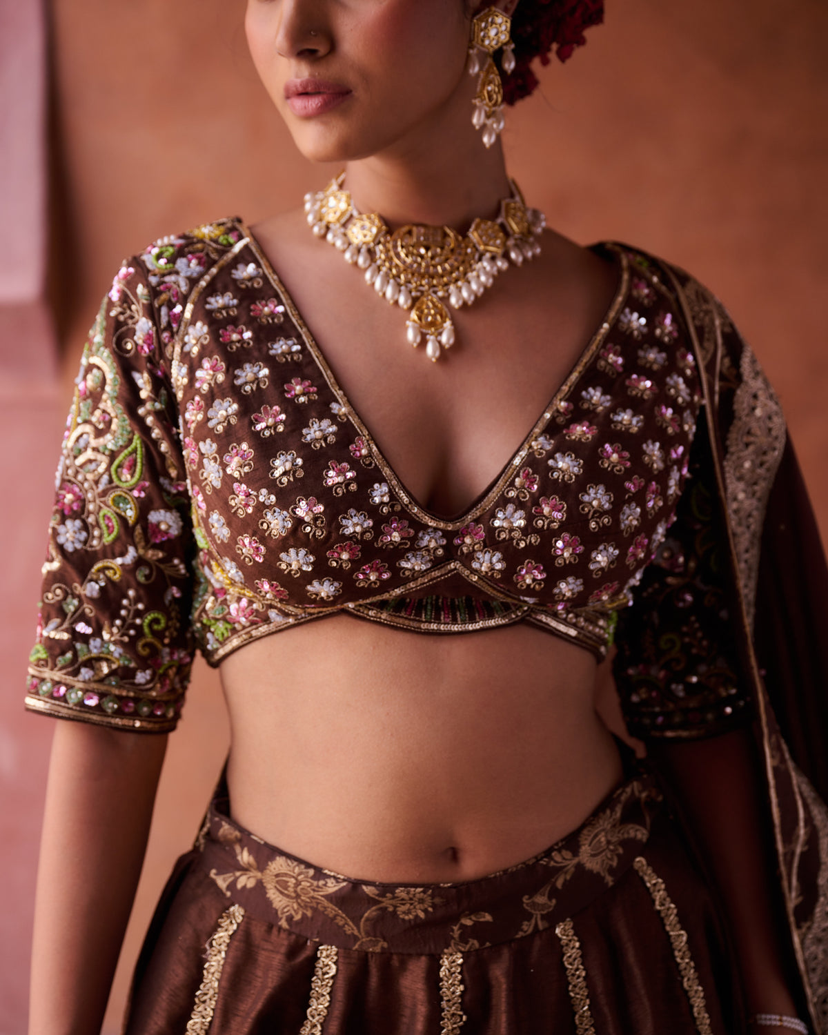 Brown Upada Silk Blouse, Lehenga And Organza Dupatta