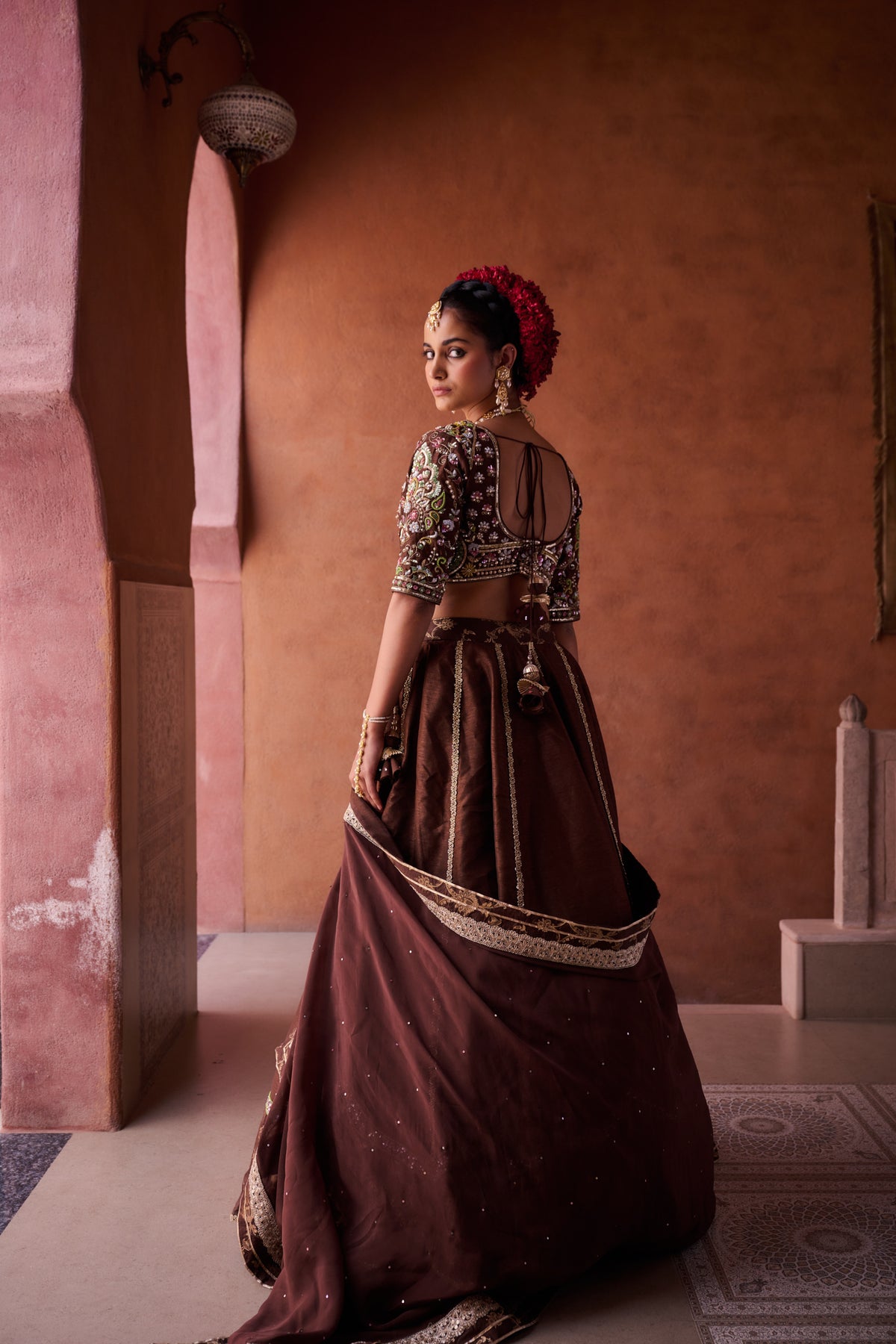 Brown Upada Silk Blouse, Lehenga And Organza Dupatta