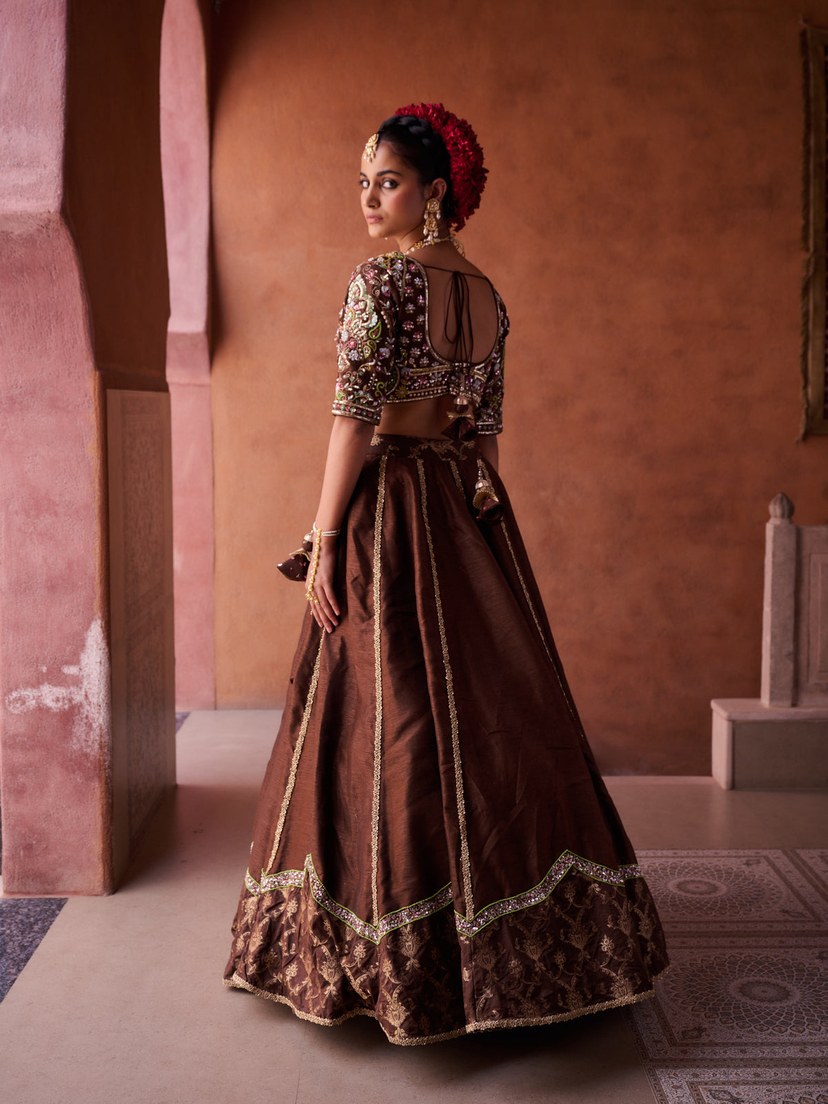 Brown Upada Silk Blouse, Lehenga And Organza Dupatta