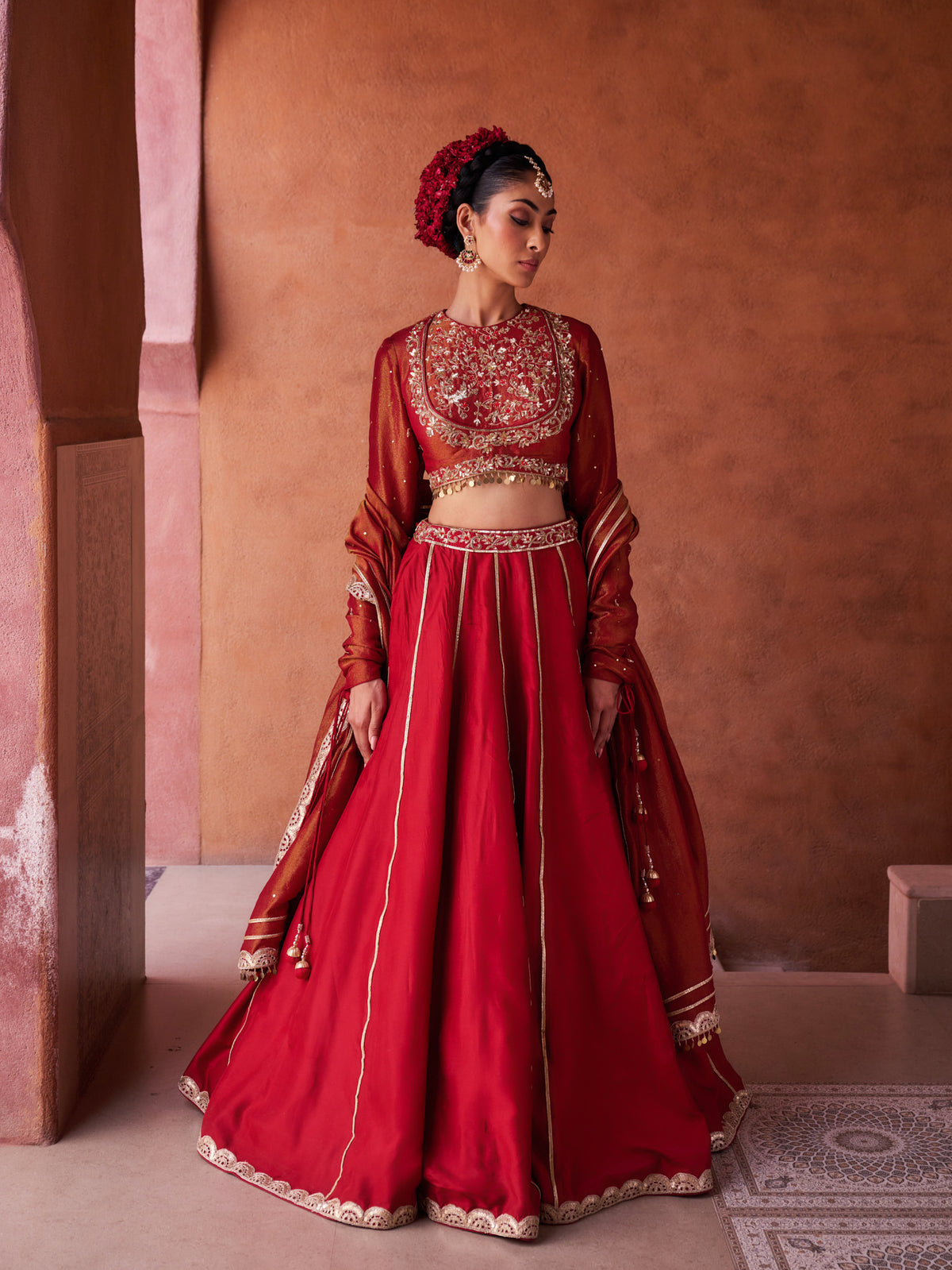Maroon Upada Silk Lehenga, Shimmer Tissue Blouse And Dupatta
