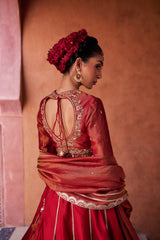 Maroon Upada Silk Lehenga, Shimmer Tissue Blouse And Dupatta
