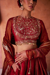 Maroon Upada Silk Lehenga, Shimmer Tissue Blouse And Dupatta