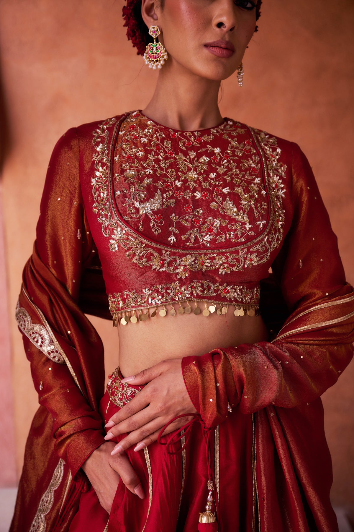 Maroon Upada Silk Lehenga, Shimmer Tissue Blouse And Dupatta