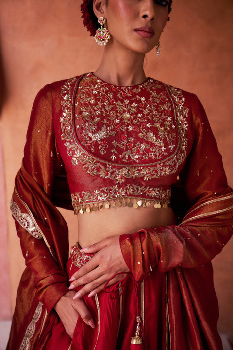 Maroon Upada Silk Lehenga, Shimmer Tissue Blouse And Dupatta