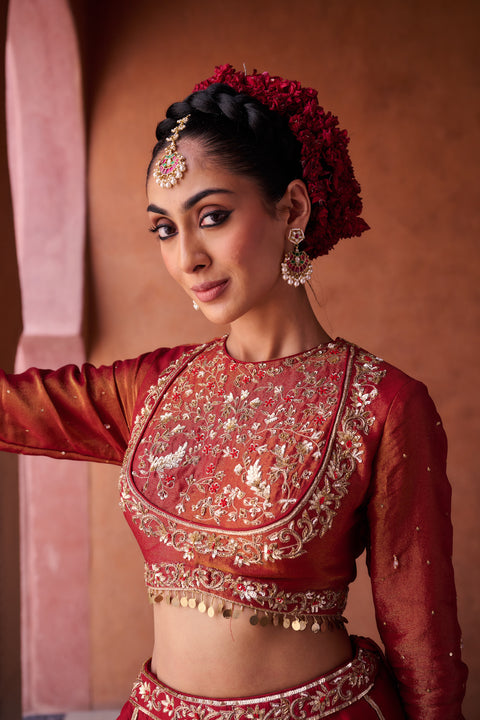 Maroon Upada Silk Lehenga, Shimmer Tissue Blouse And Dupatta