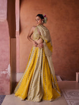 Mustard & Sage Green Silk Blouse, Lehenga And Organza Dupatta