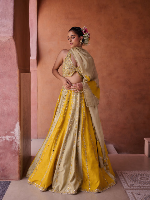Mustard & Sage Green Silk Blouse, Lehenga And Organza Dupatta