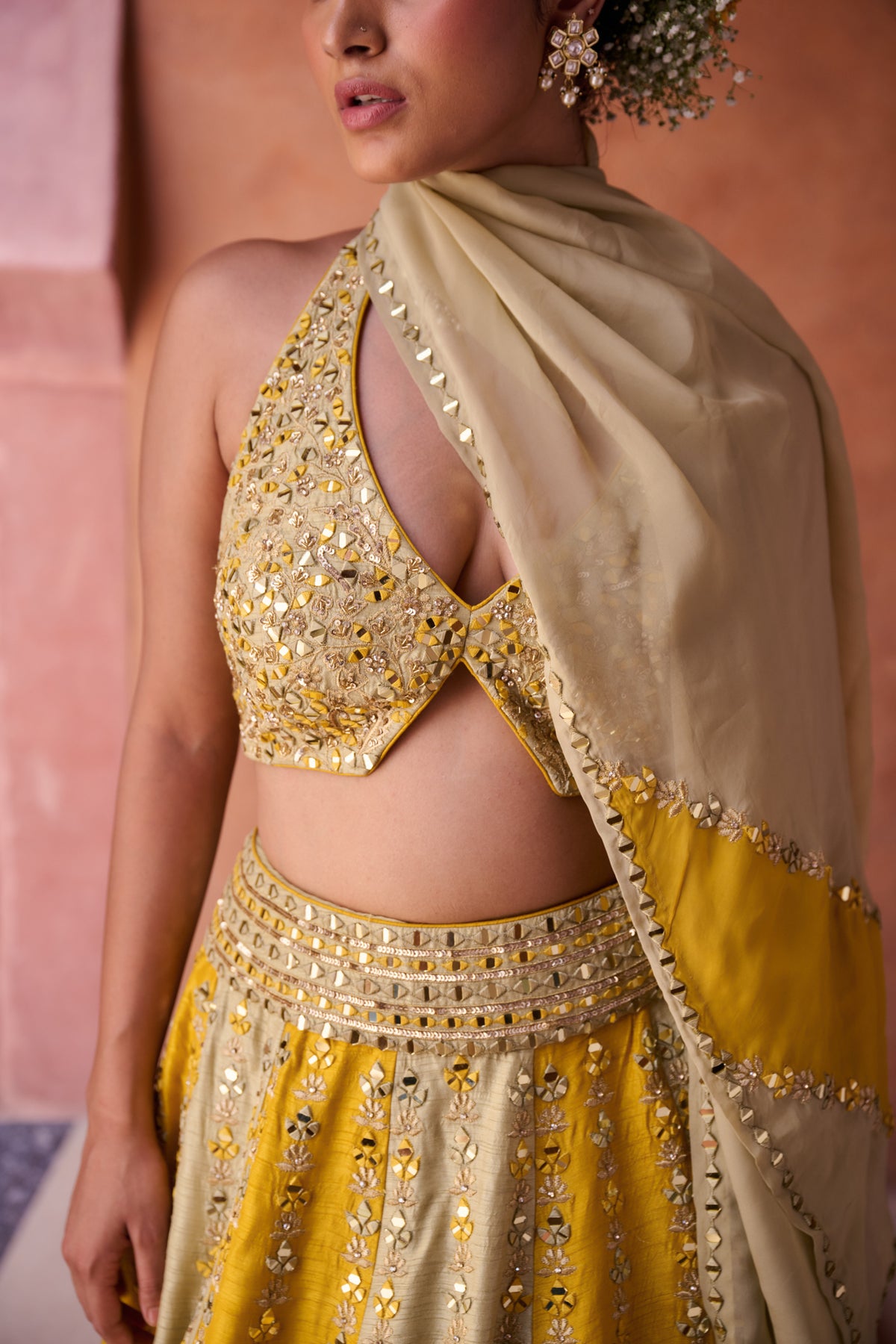 Mustard & Sage Green Silk Blouse, Lehenga And Organza Dupatta