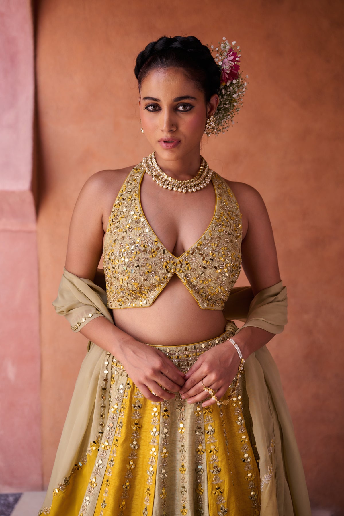 Mustard & Sage Green Silk Blouse, Lehenga And Organza Dupatta