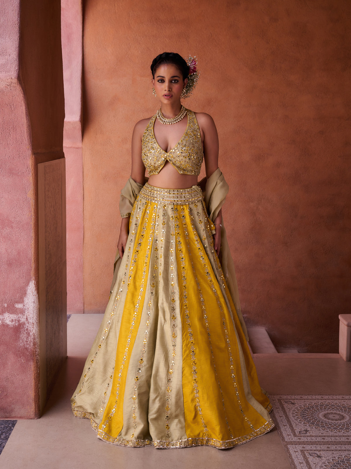 Mustard & Sage Green Silk Blouse, Lehenga And Organza Dupatta