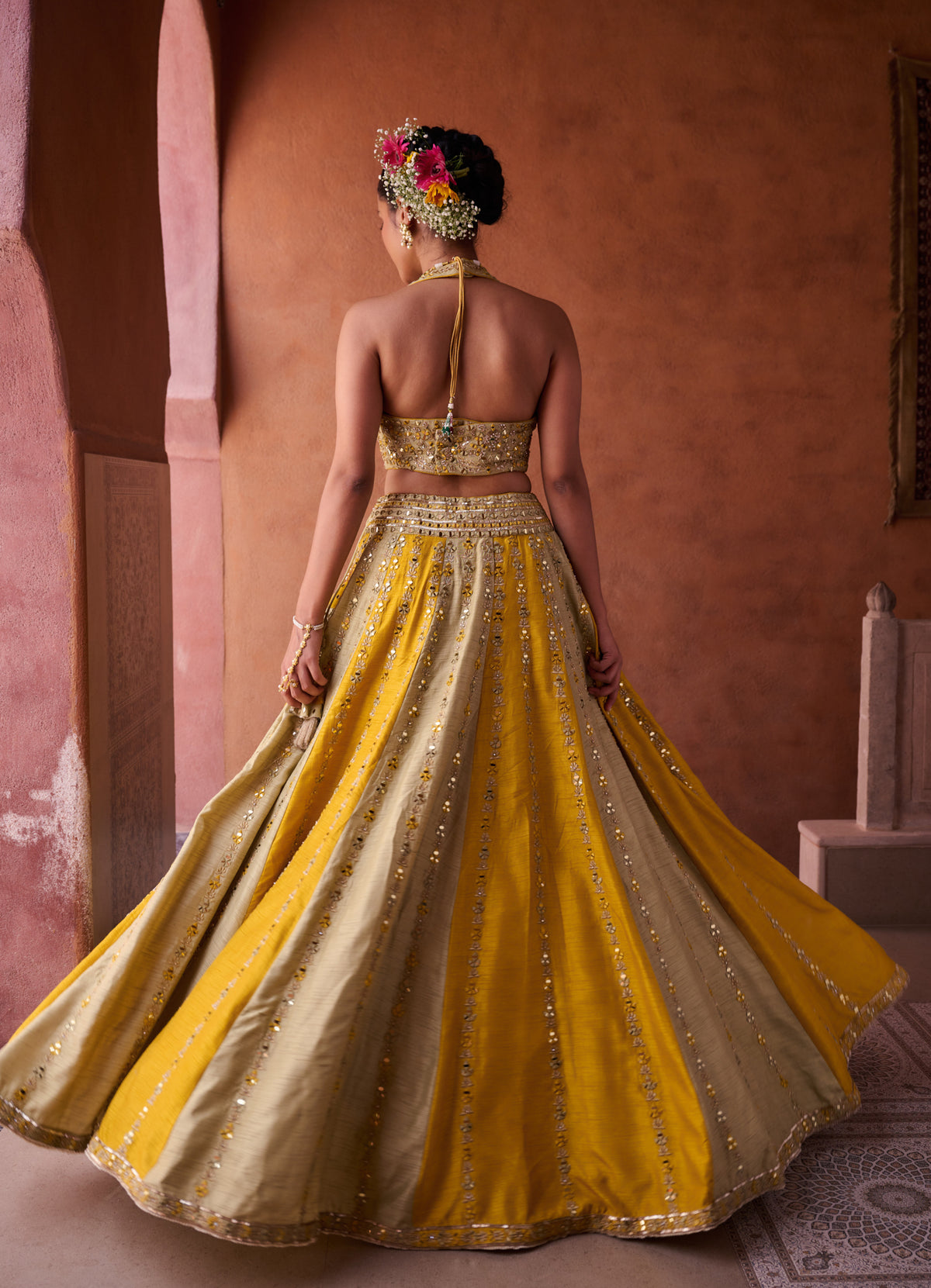 Mustard & Sage Green Silk Blouse, Lehenga And Organza Dupatta