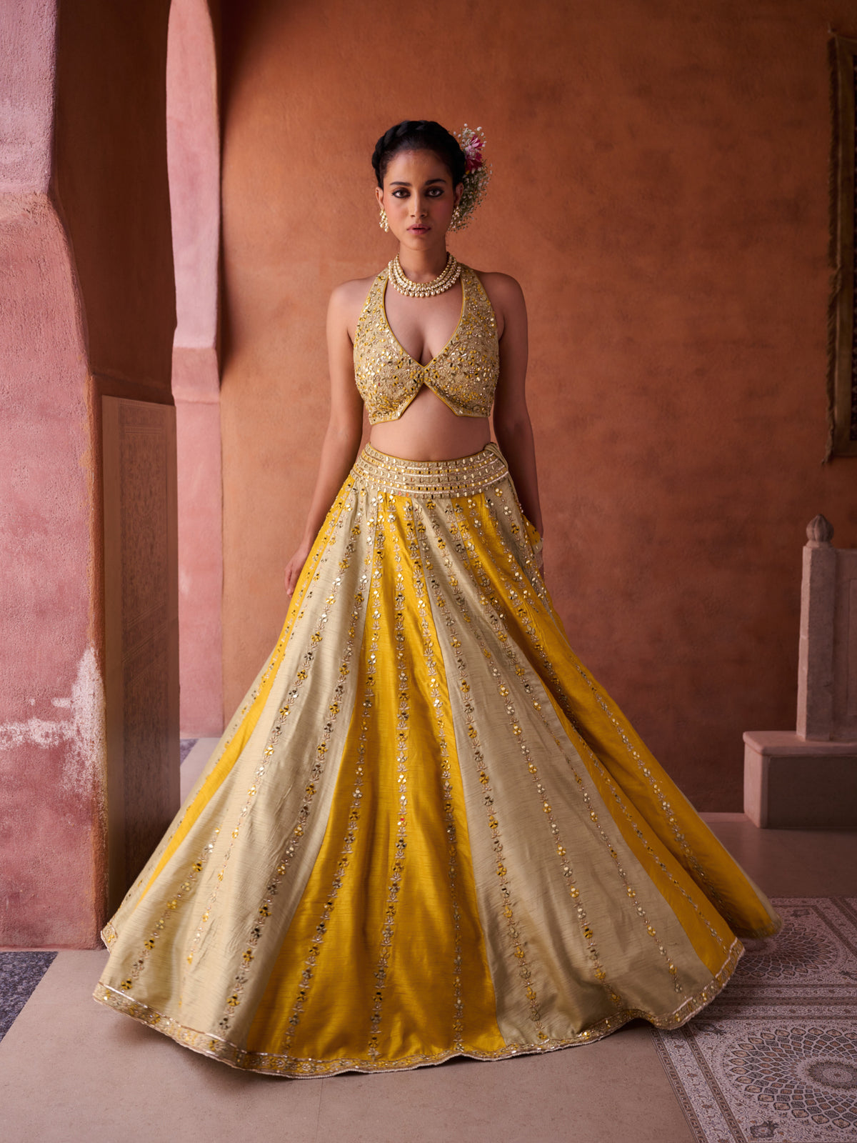 Mustard & Sage Green Silk Blouse, Lehenga And Organza Dupatta