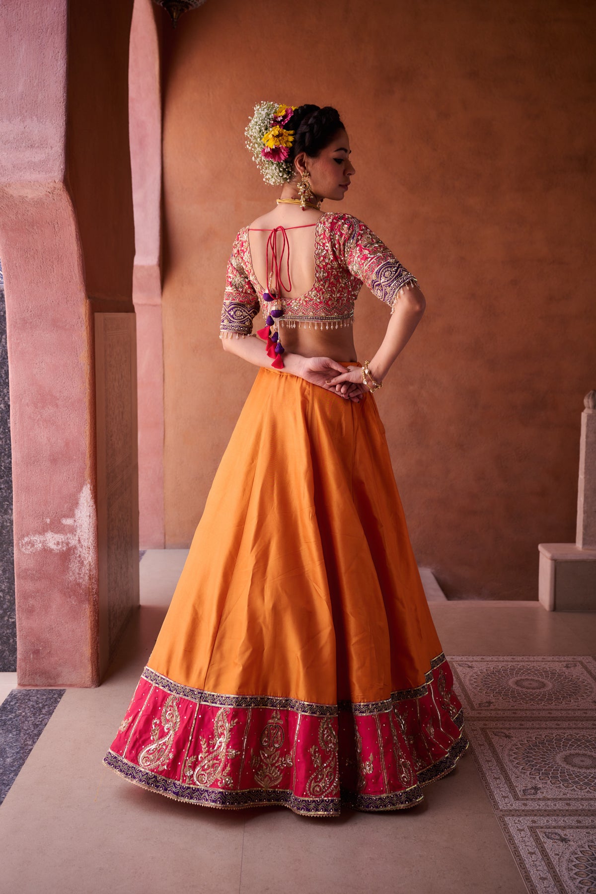 Rust Orange And Magenta Pink Upada Silk Blouse, Lehenga And Dupatta