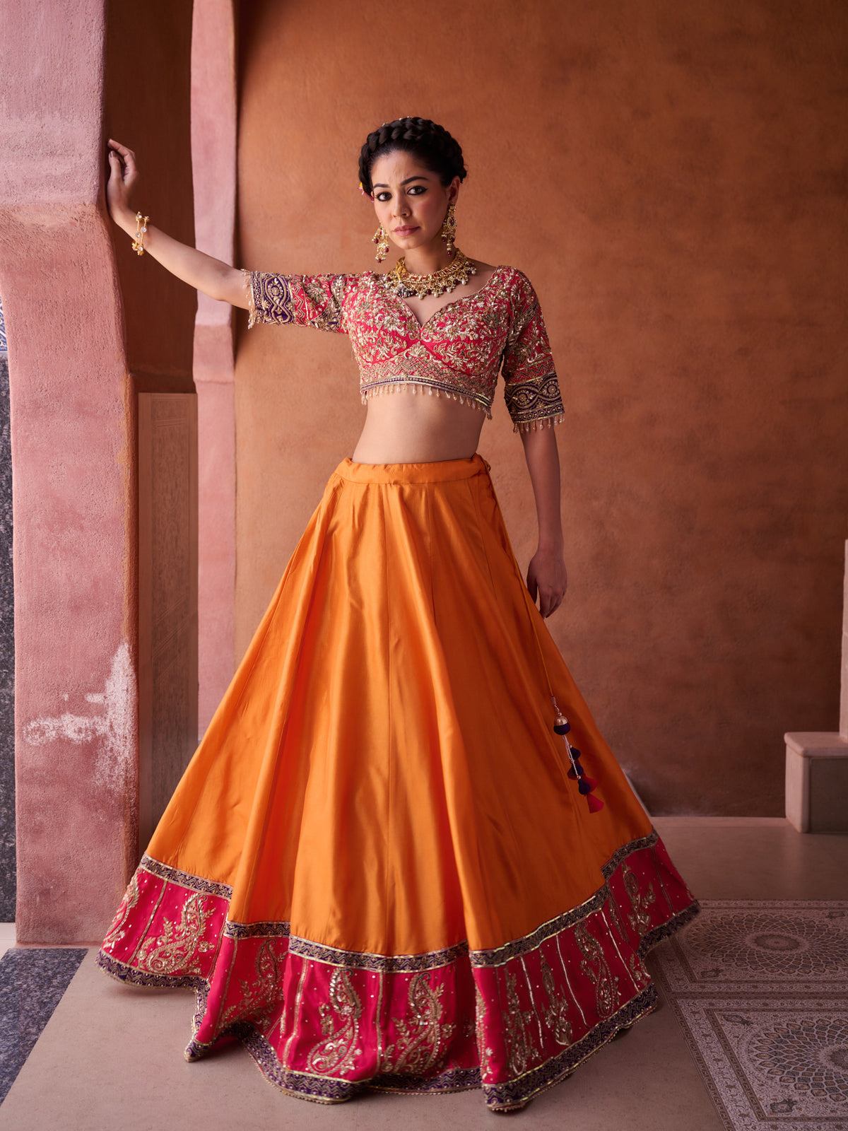 Rust Orange And Magenta Pink Upada Silk Blouse, Lehenga And Dupatta