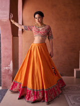 Rust Orange And Magenta Pink Upada Silk Blouse, Lehenga And Dupatta