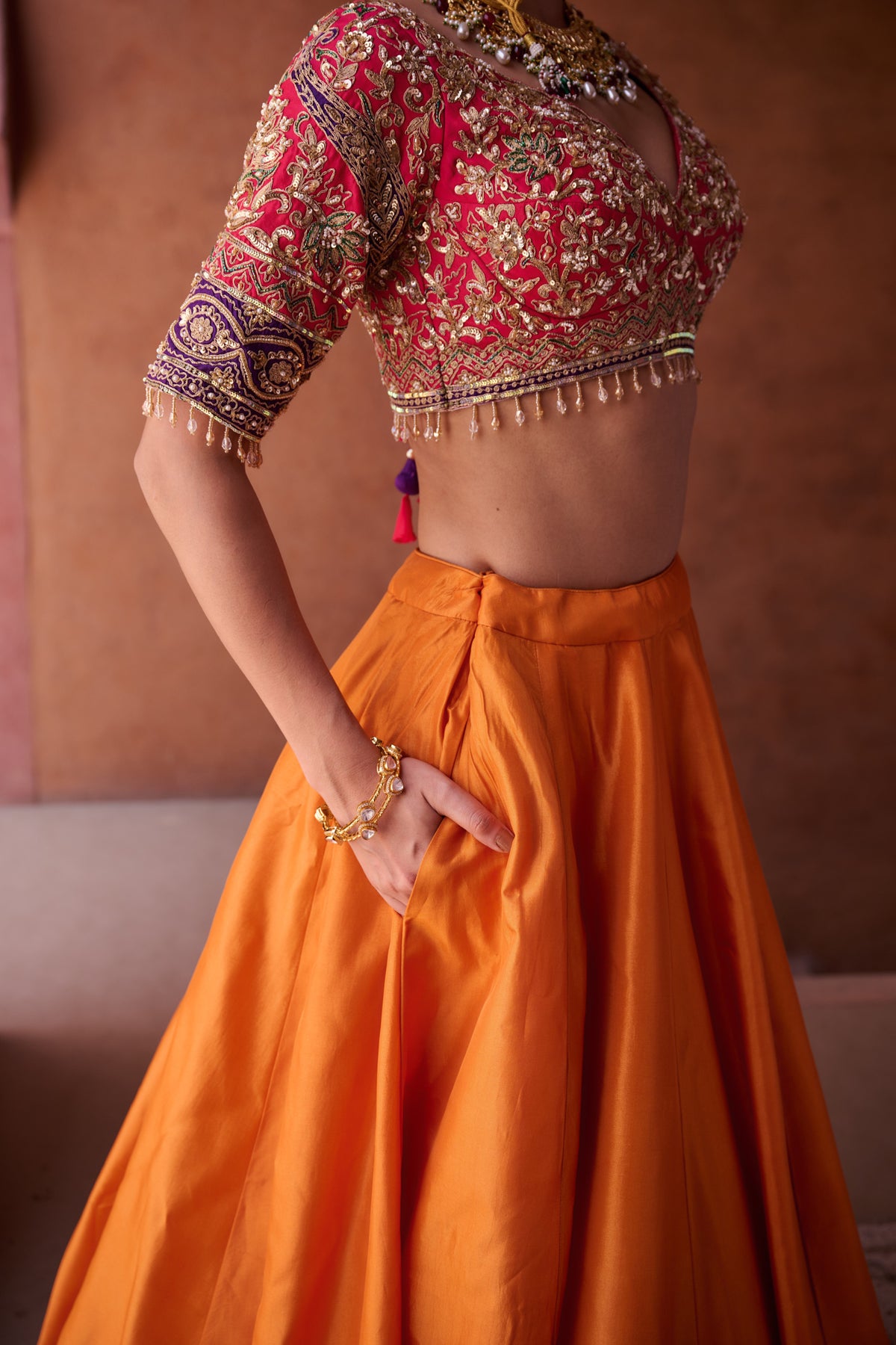 Rust Orange And Magenta Pink Upada Silk Blouse, Lehenga And Dupatta