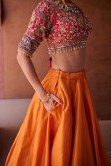 Rust Orange And Magenta Pink Upada Silk Blouse, Lehenga And Dupatta
